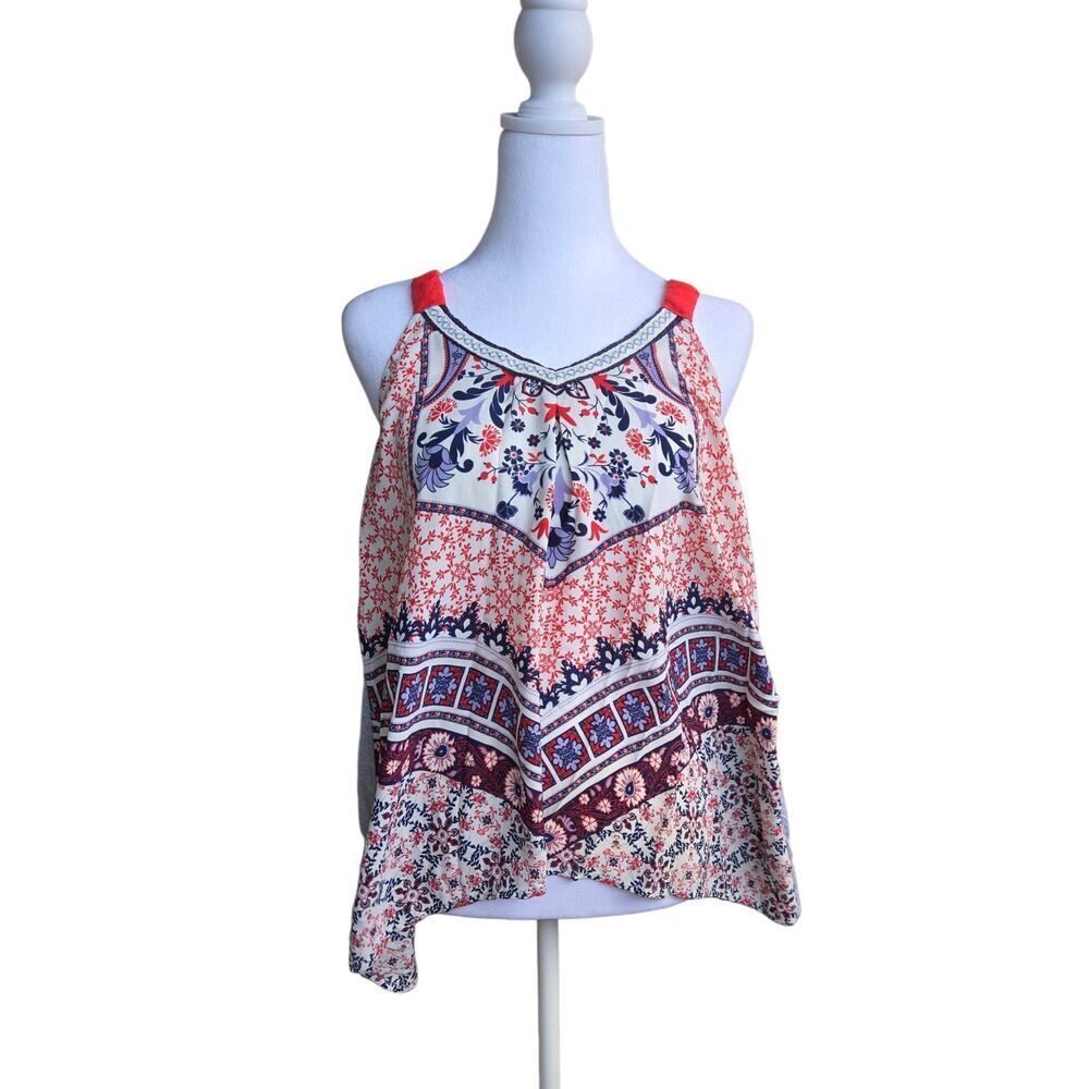 Xhilaration Women's Size Large White/Grey Floral Racerback Asymmetrical Blouse